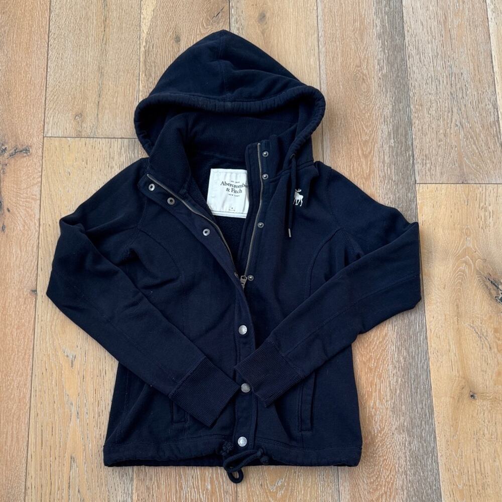 Abercrombie & Fitch Y2K Zip Hoodie Navy Moose Logo Snap Front Size M